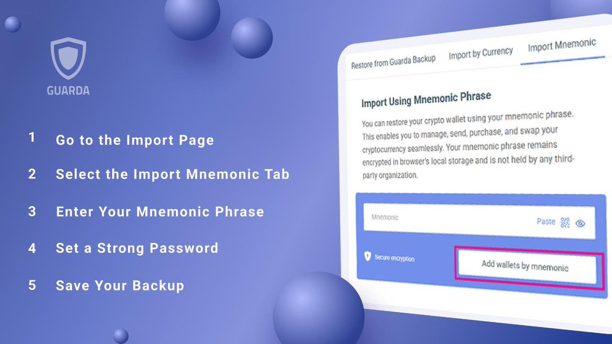 Simple Guide to Import Your Wallet via Mnemonic 🦾

Guarda Wallet offers a secure way to restore your crypto wallet using a mnemonic phrase. 

This method ensures that you can seamlessly manage your cryptocurrencies without hassle. 

Your mnemonic phrase stays encrypted in your