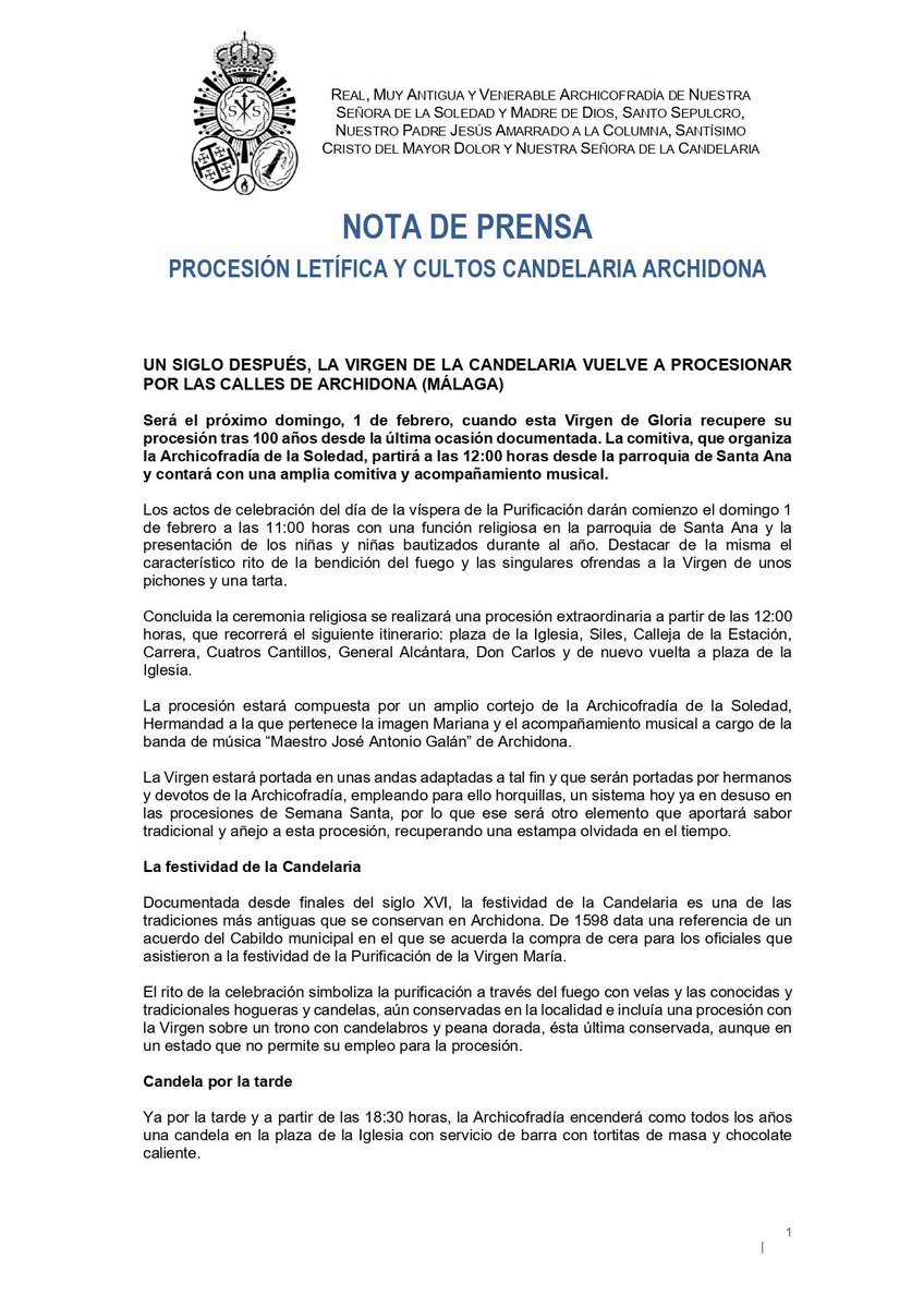 UN SIGLO DESPUÉS, LA VIRGEN DE LA CANDELARIA VUELVE A PROCESIONAR POR #ARCHIDONA (#Málaga)
 
El domingo, 1 de febrero, cuando esta Virgen de Gloria recupere su procesión. La comitiva, partirá a las 12 h. desde la parroquia de Sta. Ana con <a href="/BMMJoseGalan/">Banda de Música Maestro José Galán</a> de #CofradíasMLG #cofradias