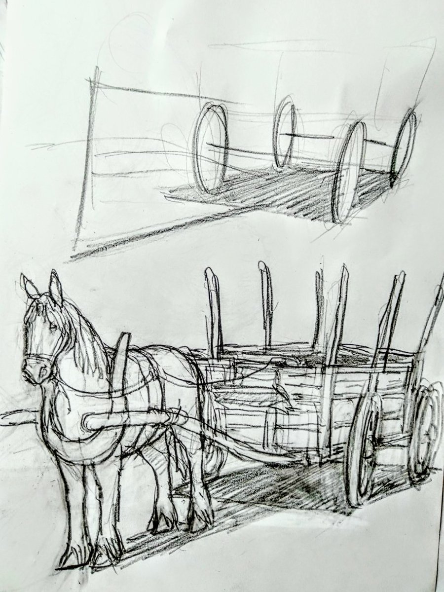 sim_kyrm's tweet photo. 私の業界では「馬車、特に荷車」を描く時、車輪を逆ハの字型にたわませるのがセオリーになってます。 \⁠    /⁠ こんな感じに。実際の写真を見ると、あんまりそんなに歪んでないのですが、重みがかかってる感じが出るので習慣的にやっています https://t.co/weOEYkqoaR