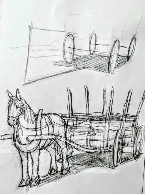 私の業界では「馬車、特に荷車」を描く時、車輪を逆ハの字型にたわませるのがセオリーになってます。 \⁠    /⁠ こんな感じに。実際の写真を見ると、あんまりそんなに歪んでないのですが、重みがかかってる感じが出るので習慣的にやっています 