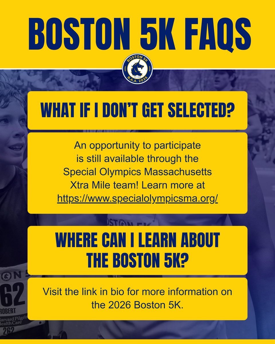 BAA's tweet image. Registration for the 2026 #Boston5K opens on MONDAY @ 10AM ET!🤩🦄 Check out these FAQs for everything you need to know about registration week.➡️

For more information about the Boston 5K, visit baa.org/races/boston-5…