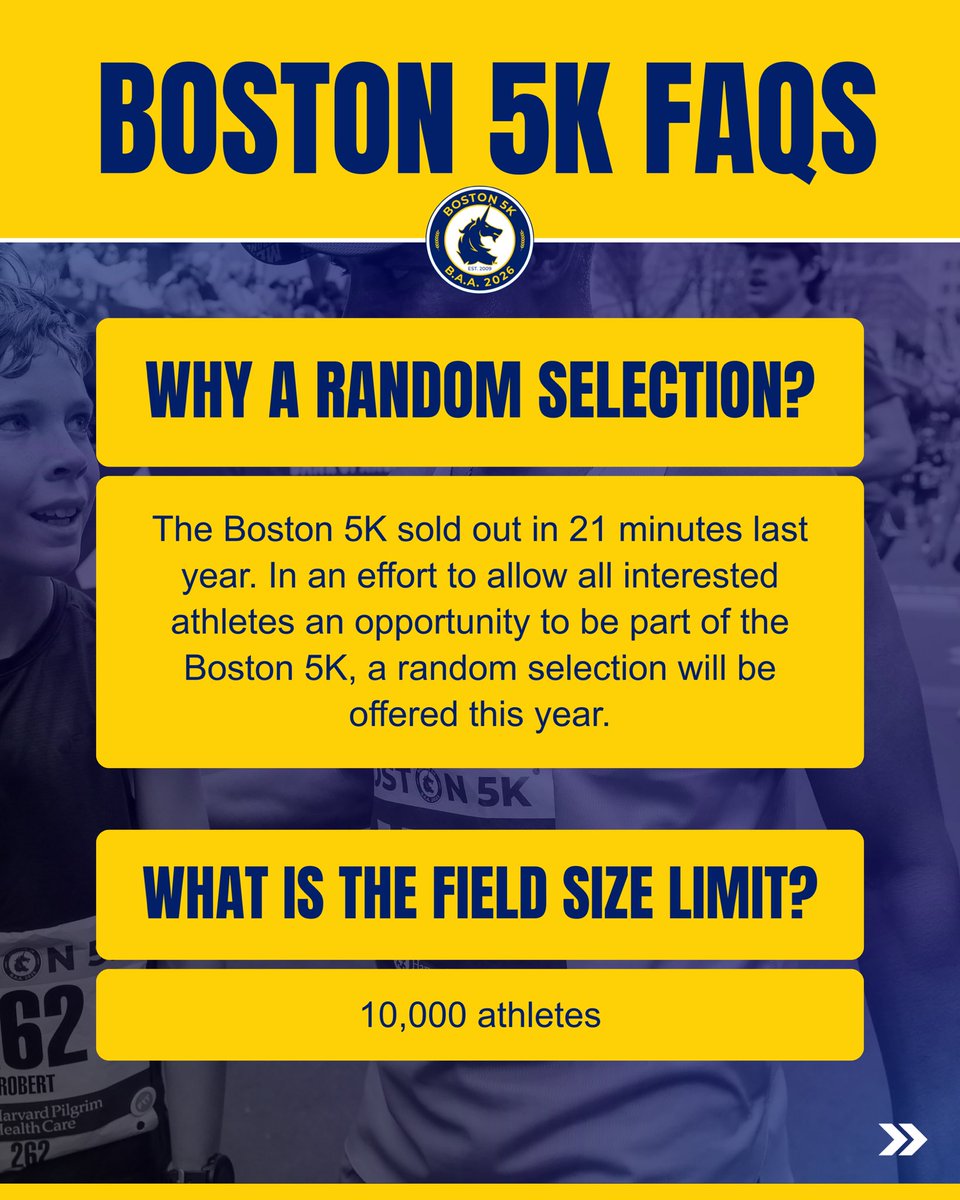 BAA's tweet image. Registration for the 2026 #Boston5K opens on MONDAY @ 10AM ET!🤩🦄 Check out these FAQs for everything you need to know about registration week.➡️

For more information about the Boston 5K, visit baa.org/races/boston-5…