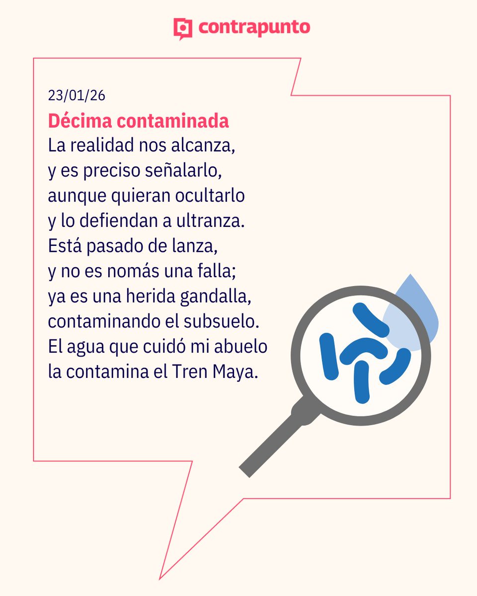 #DécimaContaminada

La realidad nos alcanza,  
y es preciso señalarlo,  
aunque quieran ocultarlo  
y lo defiendan a ultranza.  
Está pasado de lanza,  
y no es nomás una falla;  
ya es una herida gandalla,  
contaminando el subsuelo.  
El agua que cuidó mi abuelo  
la contamina