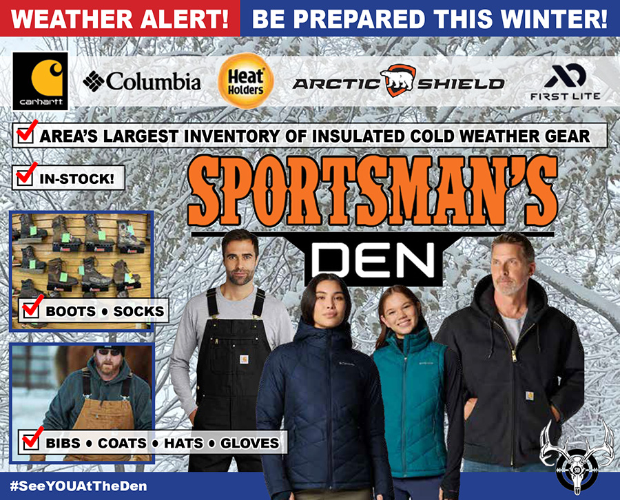 SportsmansDen1's tweet photo. Snow And Frigid Temps Rolling In And The Den Has You Covered With The Best Selection Of What You Need In-Stock! Open MWF 9-8 And TRS 9-5! #SeeYOUAtTheDen https://t.co/S64fv8qXrs