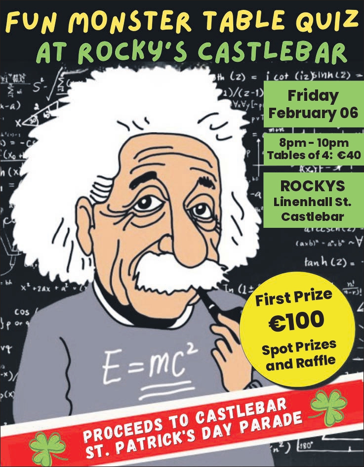 thecontel's tweet photo. Fun Monster TABLE QUIZ 
Friday Night February 06 - at Rocky's Bar Castlebar. 
Fundraiser in aid of our St. Patrick's Day Parade. 
Hosted by John Gleason

#quiz #quiznight #quiznightfun https://t.co/4wxwVpcoFT