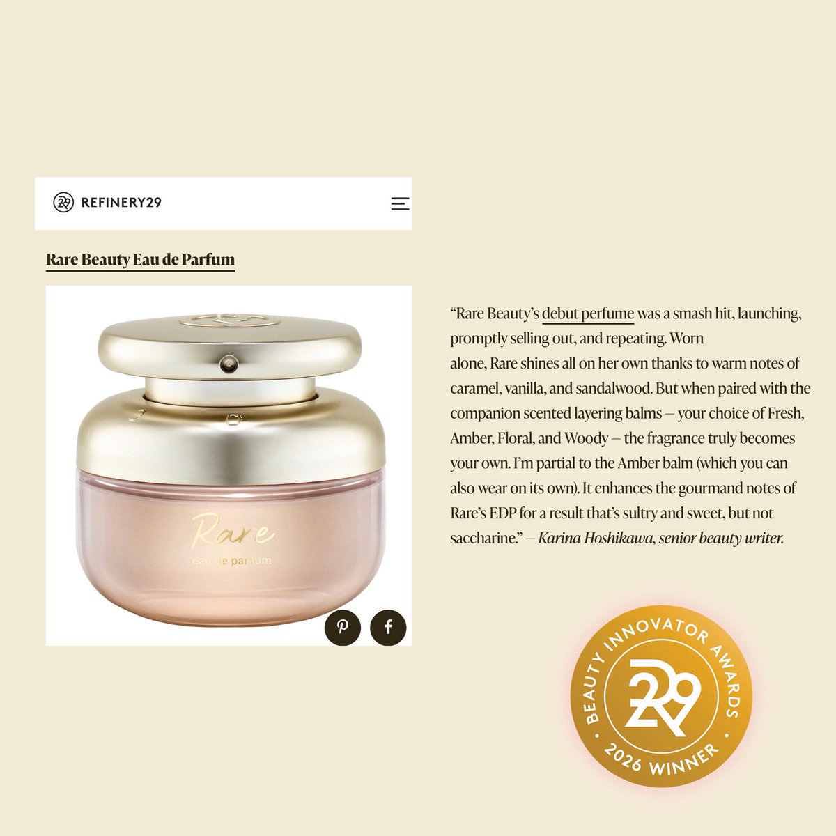 SGchartupdate's tweet image. Rare Beauty’s perfume has won “Best Perfume” at the REFINERY29 2026 “Beauty Innovator Awards”.
