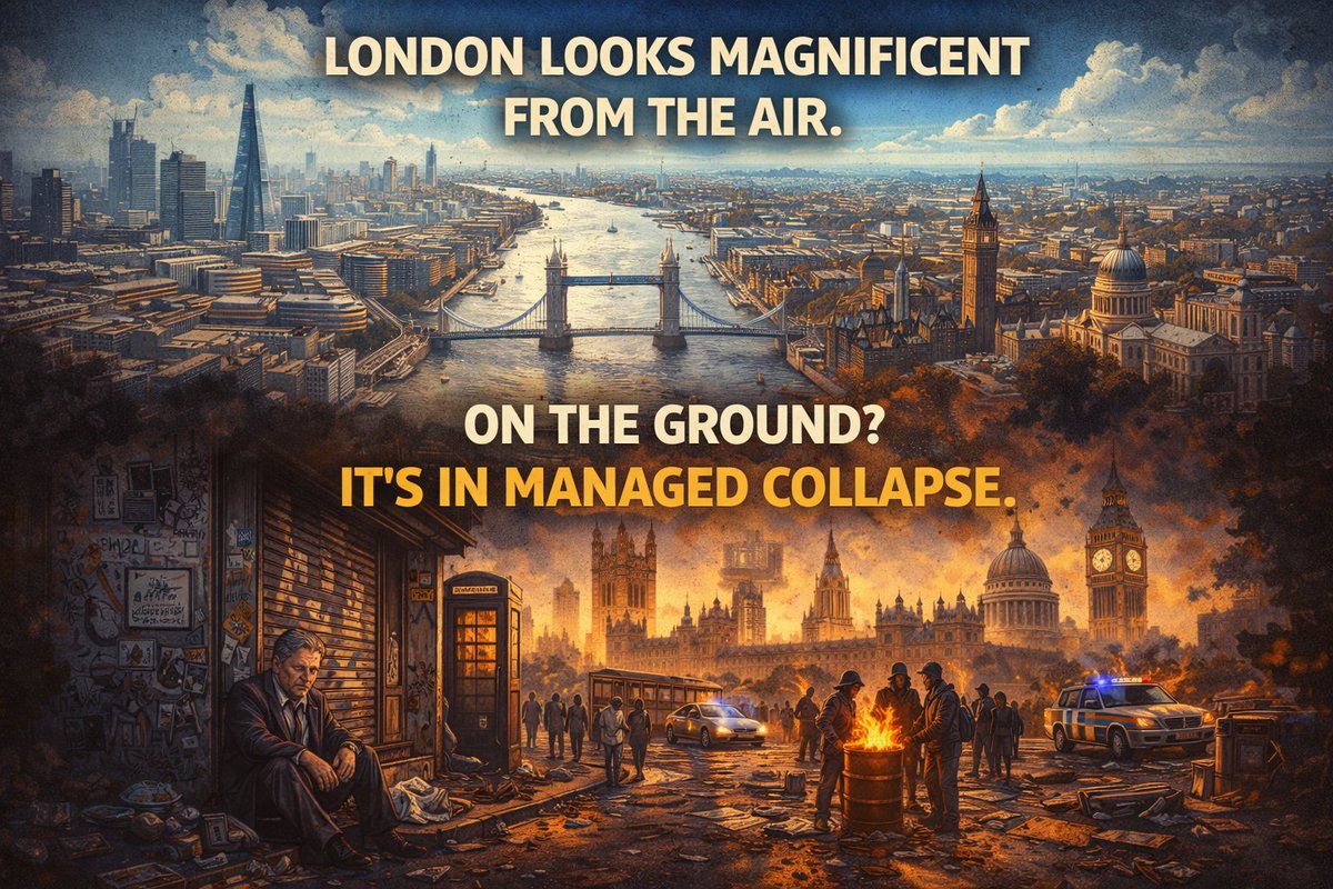NationFirstAust's tweet image. London looks magnificent from the air.

On the ground?

It’s a civilisation in managed collapse.

I’ve just arrived in Britain, and what I've seen should terrify the West.

Here’s the truth that almost none of their politicians want to admit…

1/18