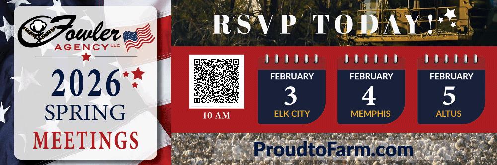 🌱 Fowler Agency 2026 Spring Meetings are coming up. 📅 Feb 3 – Elk City 📅 Feb 4 – Memphis 📅 Feb 5 – Altus ⏰ 10 AM RSVP online at ProudToFarm.com. We look forward to seeing you.#FowlerAgency #SpringMeetings #ProudToFarm
