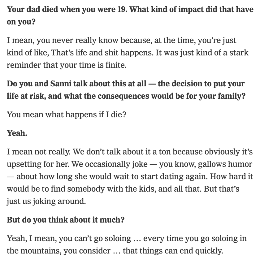 NatSandovalDC's tweet image. NYT interview w Alex Honnold is pretty funny. 

Interviewer keeps pressing Honnold on death, leaving his family behind. Honnold autistically shrugs it off.