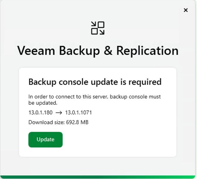 It’s the little things that win me over. In #Veeam v13, the #VBR console finally handles its own updates.
No more digging for ISOs or manual installs after patching the server. Just connect, click update, and you're back in. Huge time saver for the lab.
#VeeamCommunity #MVPBuzz