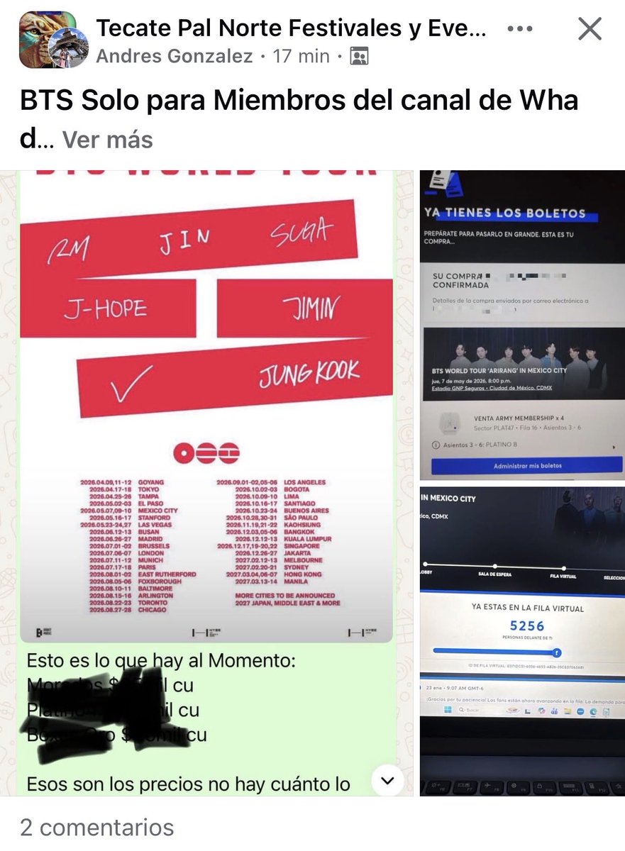 facebook.com/share/p/17zAp2… 
Este es un revendedor, tiene varios boletos. 
Estaría bien que le tumbaran la cuenta:
WhatsApp: whatsapp.com/channel/0029Vb…

#BTS_WORLDTOUR #BTS_WORLDTOUR_MEXICOCITY