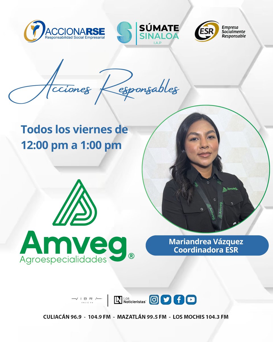 Te invitamos a que no te pierdas el espacio para la Responsabilidad Social en SÚMATE SINALOA👏🏼

En esta ocasión tendremos la participación de Mariandrea Vázquez de la empresa Agroespecialidades Amveg🙌🏻

Quién a través de un testimonial nos habla sobre las buenas acciones de ESR