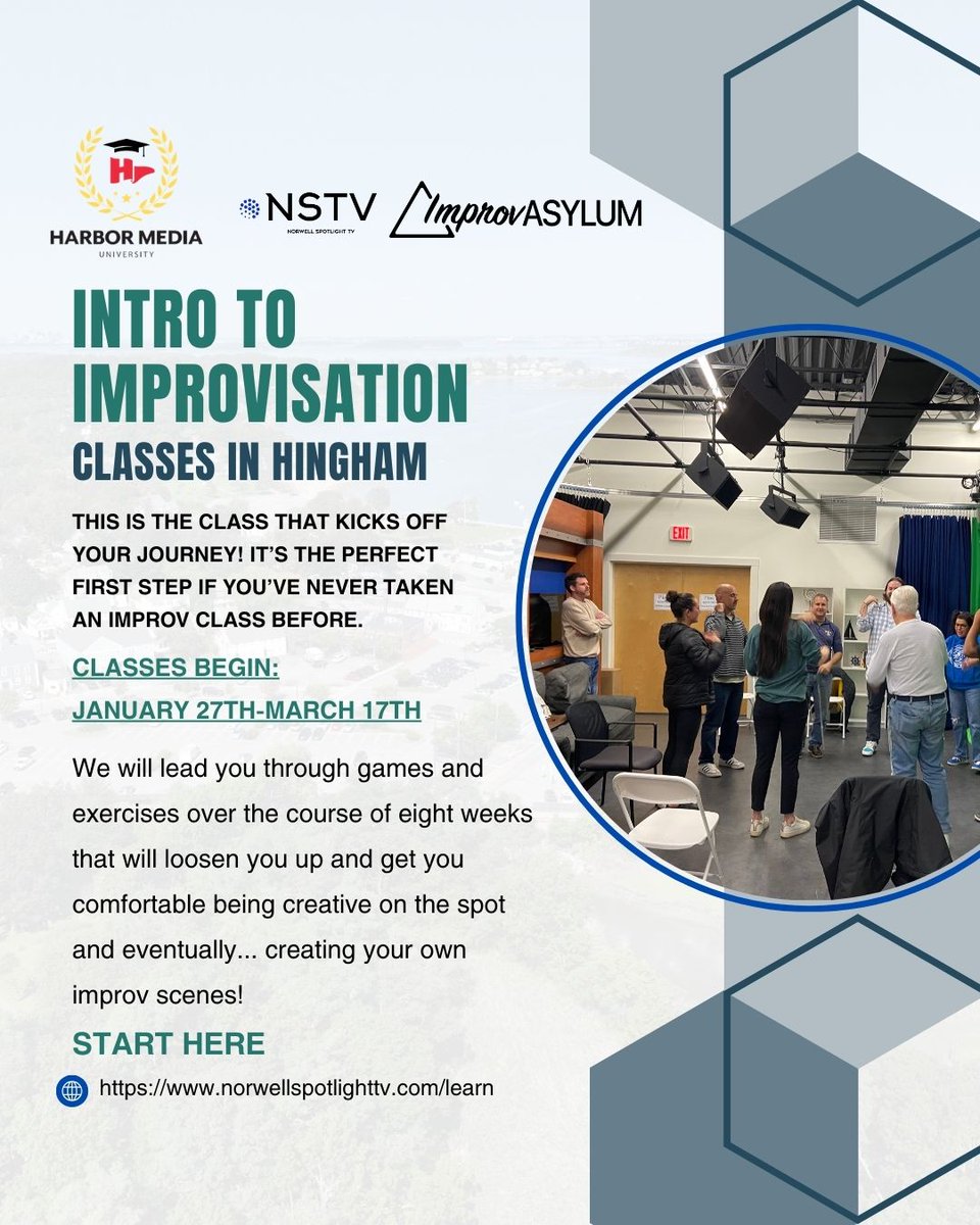 🎭 Ready to laugh, think fast &amp; boost your confidence? Join Improv Asylum's Intro to Improv! No experience needed.
🗓️ Jan 27–Mar 17 | ⏰ 6–8 PM | 📍 Harbor Media
Ages 18–150 😄 Limited spots—register now:
norwellspotlighttv.com/hmulearn.html