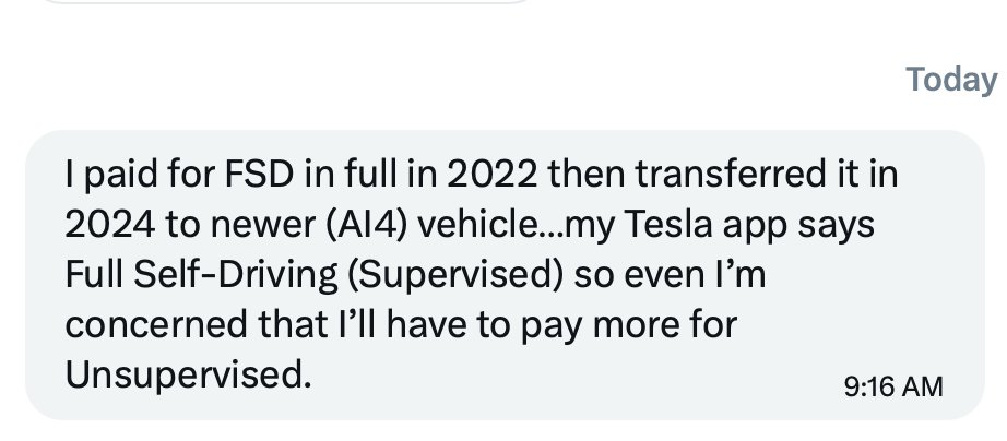 SawyerMerritt's tweet image. Hi @Tesla, can you please clarify whether buying FSD outright for $8k means owners won’t have to pay extra for FSD Unsupervised on that car later?

I’ve been getting a lot of DMs from people who are interested in buying FSD for $8k before February 14 but are worried if they will…