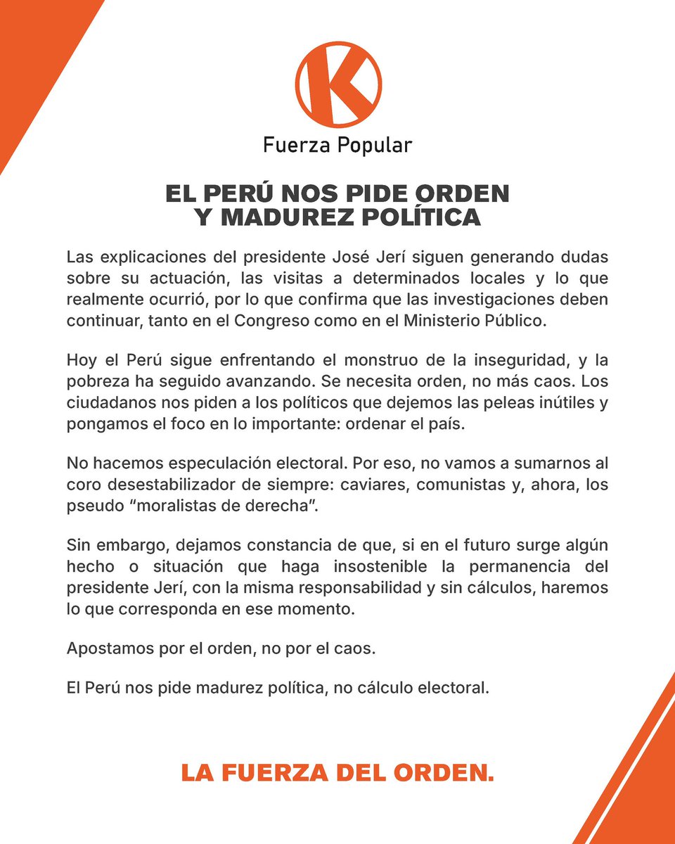 Vacaron a PPK (q era + d derecha q ellos)
Vacaron a Vizcarra
Amenazaron siempre a Sagasti con vacarlo
Pusieron y vacaron a Boluarte (Después d blindarla 7 veces, incluso con 50 muertos encima)
Pero ahora, para no vacar a Jerí, te dicen "Apostamos por el orden, no por el caos"🐀🤡