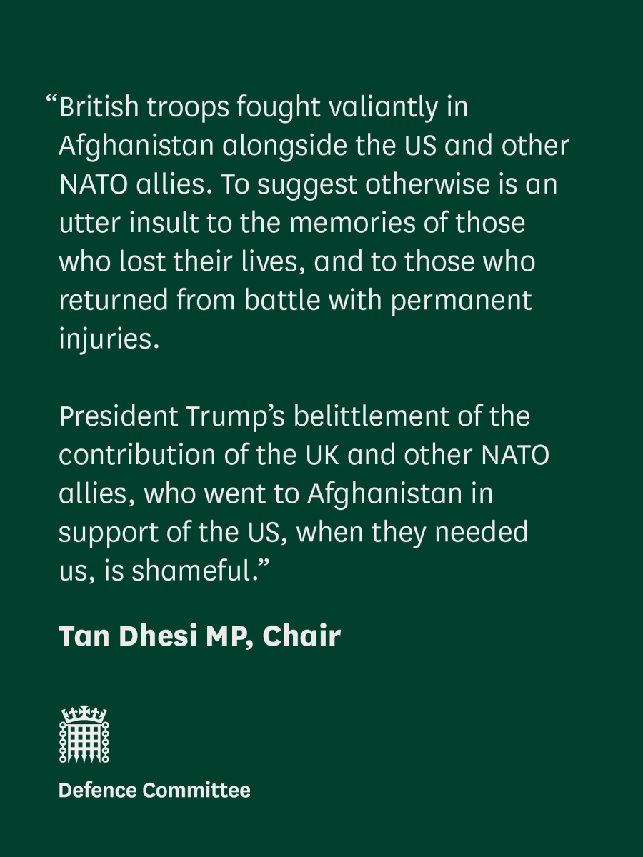 Our Chair <a href="/TanDhesi/">Tanmanjeet Singh Dhesi MP</a> has issued a statement on behalf of the Committee in response to President Trump’s comments on the contribution of the UK and other NATO allies in Afghanistan.