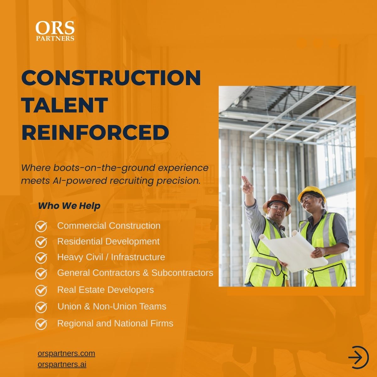 Building great projects starts with building great teams. At ORS Partners, we help construction firms scale smart. Whether you're growing fast or filling a critical gap, our recruiting experts slot in seamlessly.
