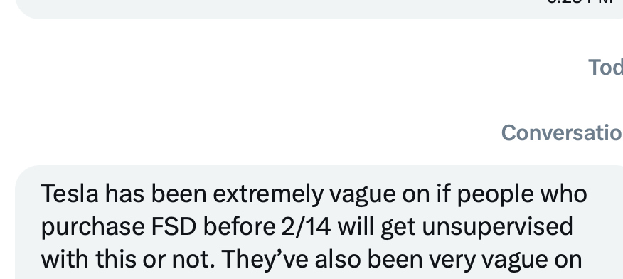 SawyerMerritt's tweet image. Hi @Tesla, can you please clarify whether buying FSD outright for $8k means owners won’t have to pay extra for FSD Unsupervised on that car later?

I’ve been getting a lot of DMs from people who are interested in buying FSD for $8k before February 14 but are worried if they will…