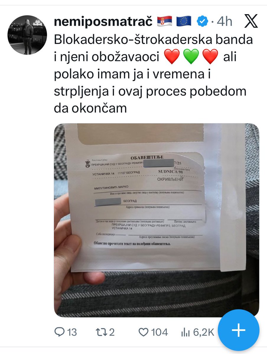 1389Silvio's tweet image. Правио нереде , учествовао у свим немирима овде се хвалио како је гурао контејнере и привођен због тога , е сада дошла маца на вратанца и љигавко креће у патетику . Казнити багру