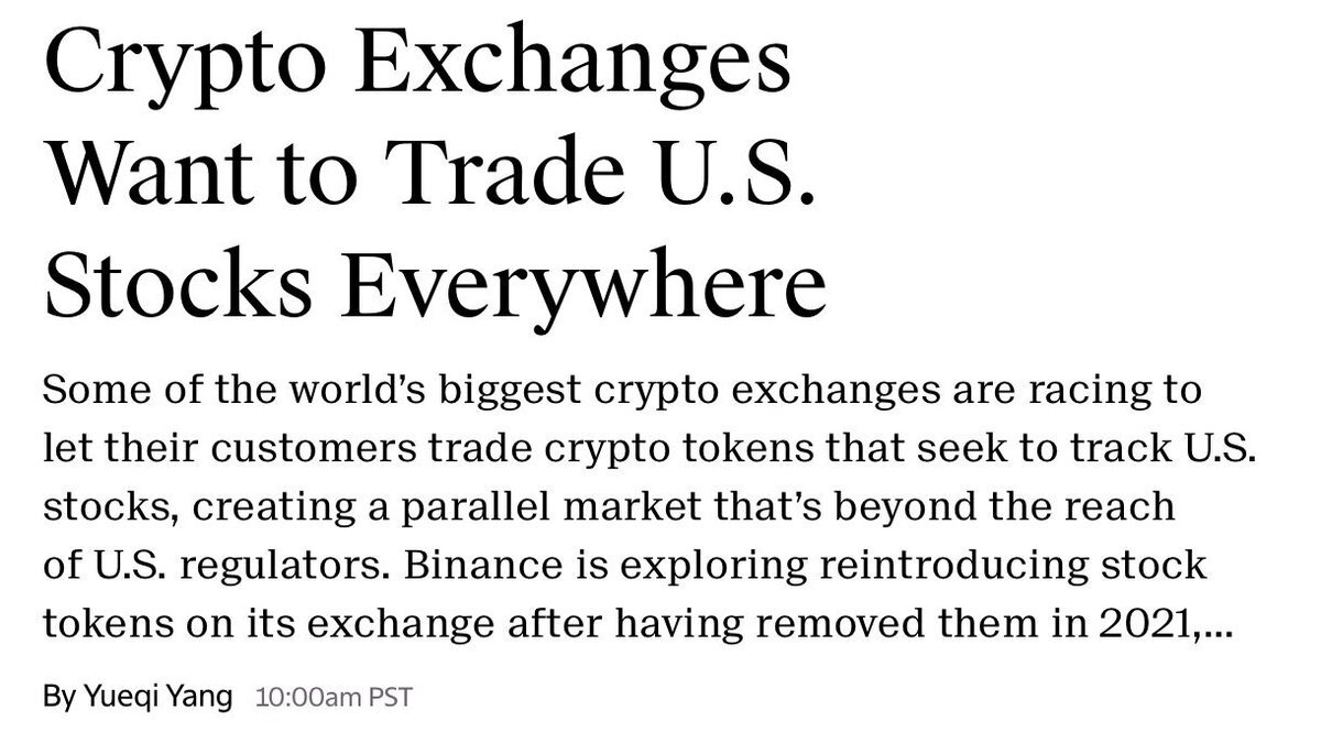 The Information reports crypto exchanges want tokenized U.S. stocks for  trading. Binance is exploring bringing back stock tokens after the 2021  pull, which would create stock-like trading outside U.S. market hours and