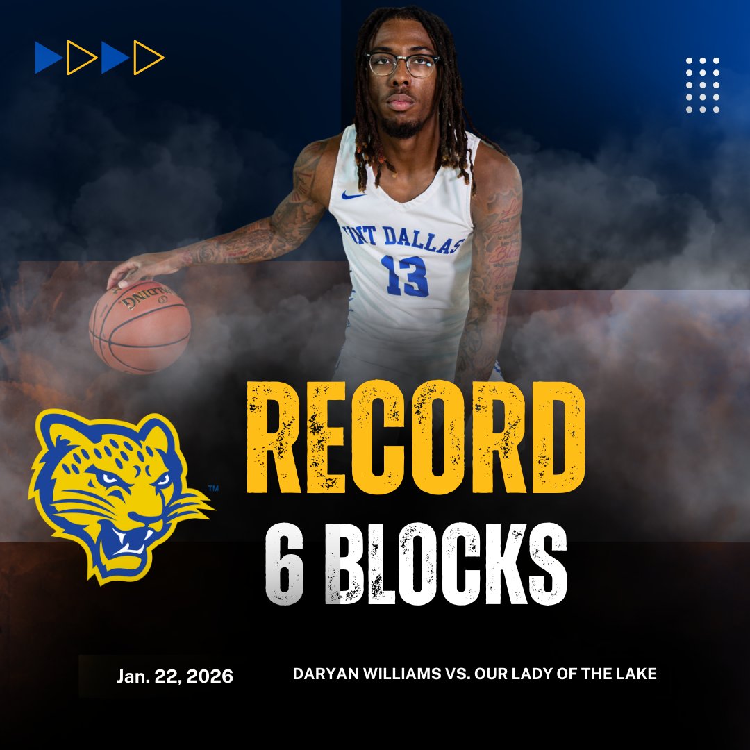 UNTDAthletics's tweet photo. 🚨NEW RECORD ALERT!
DaRyan Williams tied a single-game record with six blocked shots in Thursday's win vs. OLLU!
#UNTDallas #FearNone #blazeyourtrail https://t.co/zw1A9T4O7e