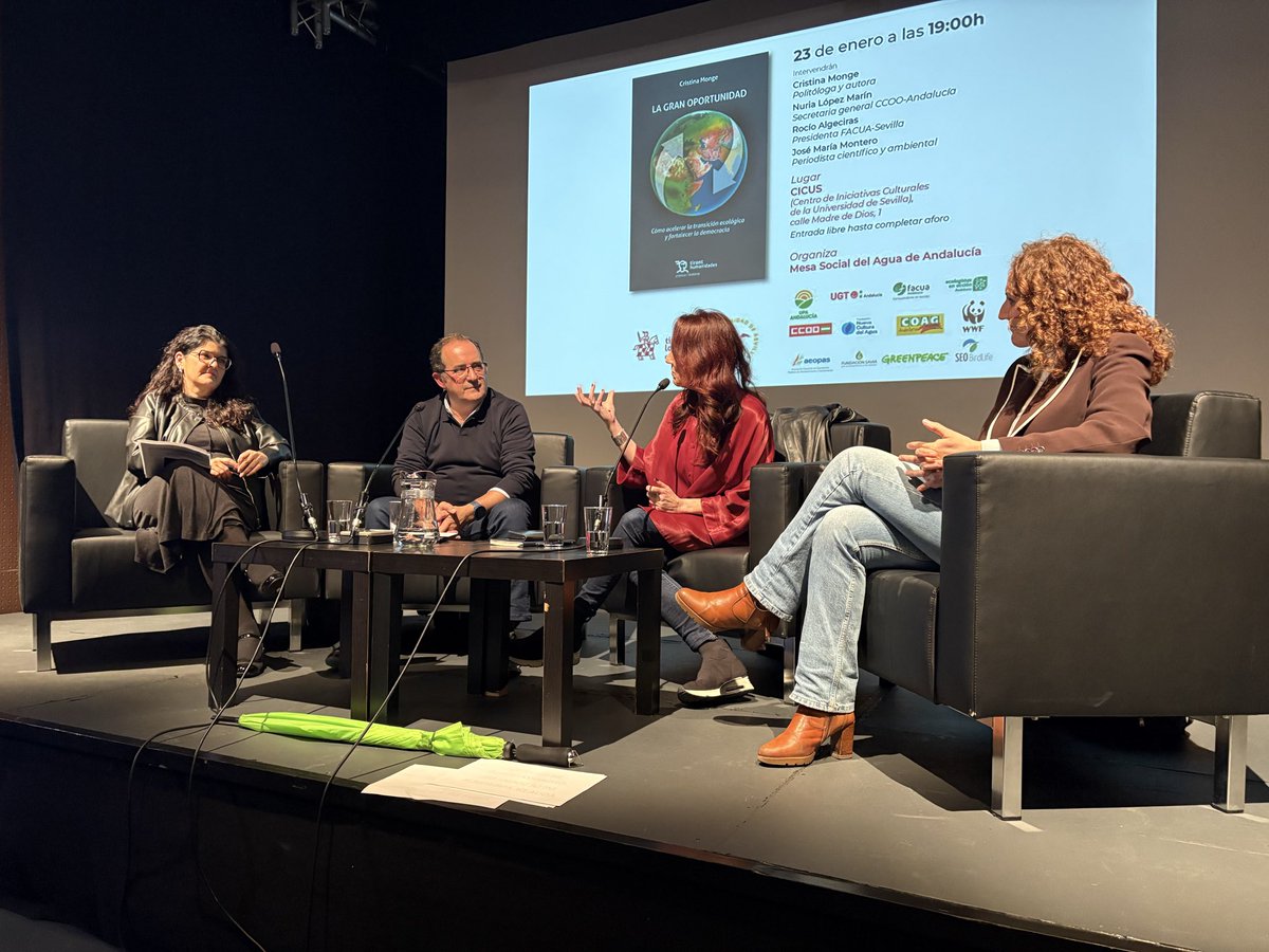 Hoy estamos en <a href="/CICUS_/">CICUS</a> de la <a href="/unisevilla/">Universidad de Sevilla</a> en la presentación del libro “La gran oportunidad” de <a href="/tinamonge/">cristina monge 🇪🇺</a>. El acto organizado por la Mesa Social del Agua cuenta con la presencia de Nuria López <a href="/ccooandalucia/">CCOO de Andalucía</a> , con <a href="/rocioalgeciras/">rocio algeciras</a> de <a href="/FACUA/">FACUA</a> y con el periodista José María Montero