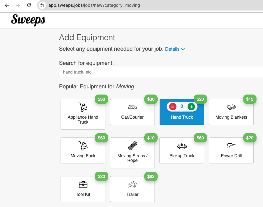 morrisgelblum's tweet photo. Quick improvement: you can now add more than 1 of any equipment item when posting a job at @SweepsJobs 

If you need multiple hand trucks or pickup trucks on a job that is a bit easier. https://t.co/KCXZT0Z6mo