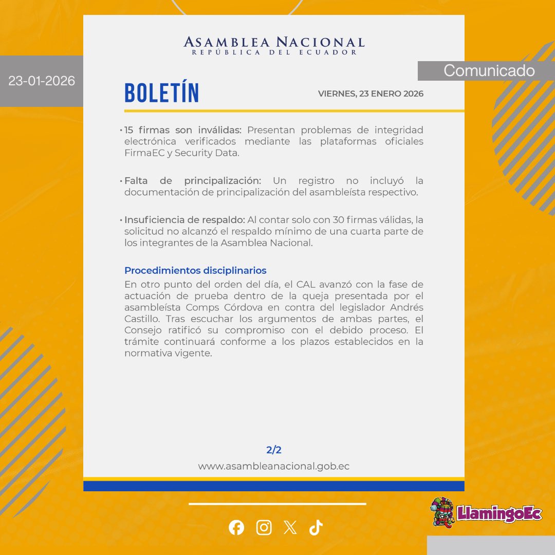 LlamingoE's tweet image. #ATENCIÓN | JUICIO AL CPCCS AL CONGELADOR

La mañana de este viernes 23 de enero de 2026, el Consejo de Administración Legislativa (#CAL), en su sesión No. 051, resolvió inadmitir la solicitud de juicio político presentada por el legislador del correísmo Luis Fernando Molina