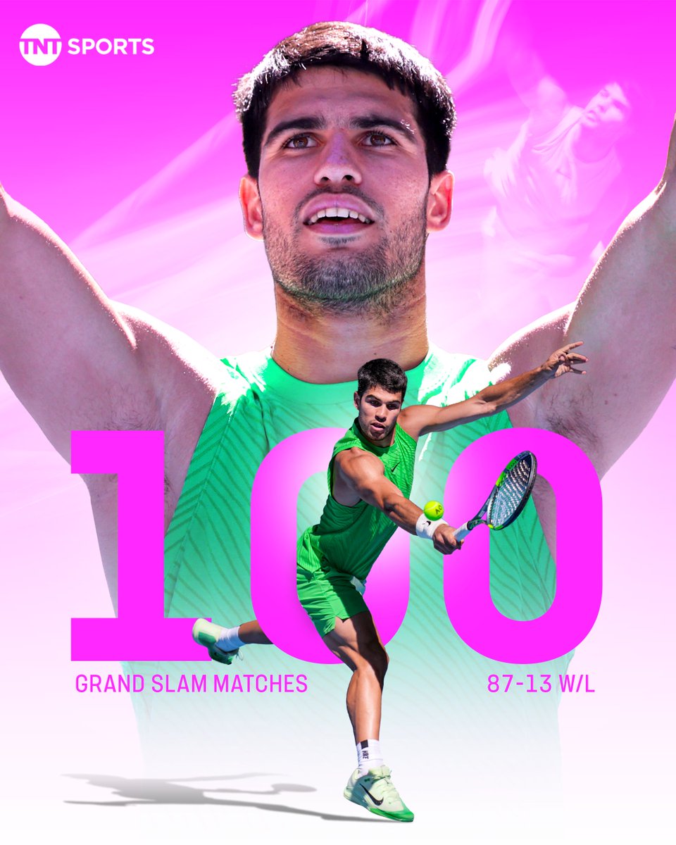 tntsports's tweet photo. 100 Grand Slam matches for Carlitos 🤩💯

An insane 87-13 record ties him with Bjorn Borg for the best first century of Grand Slam matches  🙌

🇦🇺 Watch and stream the 2026 Australian Open live on TNT Sports and Discovery+ https://t.co/sQvmJcEChQ