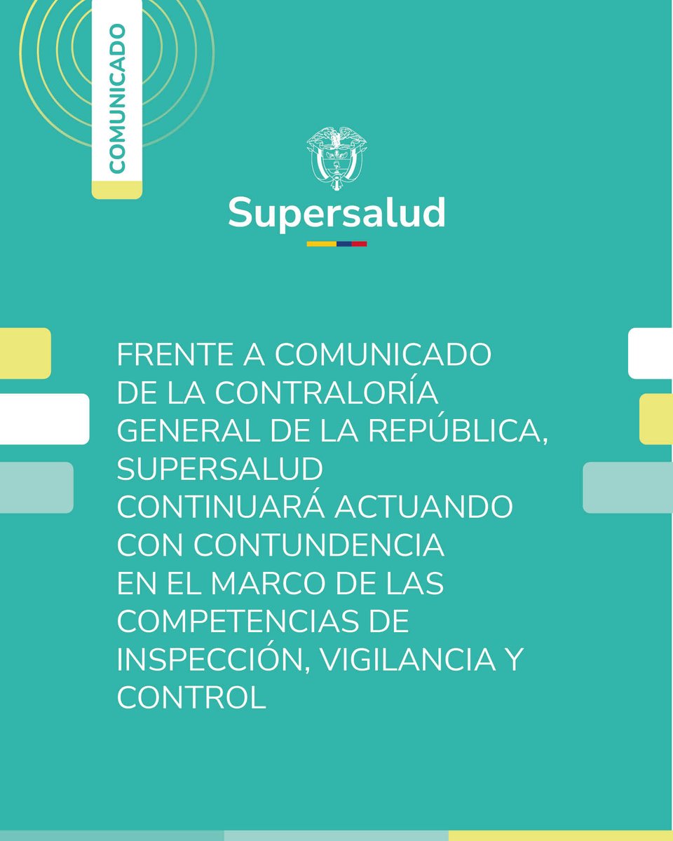 #SuperSaludOficialTeInforma:
En relación con el comunicado de prensa de la <a href="/CGR_Colombia/">Contraloría General de la República de Colombia</a>, una vez se tenga el documento oficial, desde la <a href="/Supersalud/">Supersalud</a> se tendrá en cuenta para continuar con las acciones de inspección, vigilancia y control que le corresponden, mediante las cuales