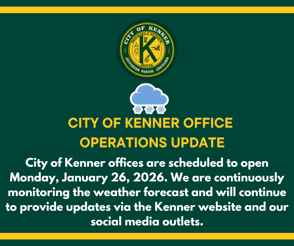 CityofKenner's tweet photo. ⚠️ City of Kenner Office Update
City of Kenner offices are scheduled to be open on Monday, January 26, 2026.

We are monitoring the weather and will share updates as needed via the City of Kenner website and official social media channels.

#CityOfKenner #KennerLA https://t.co/RRVZysWOEd