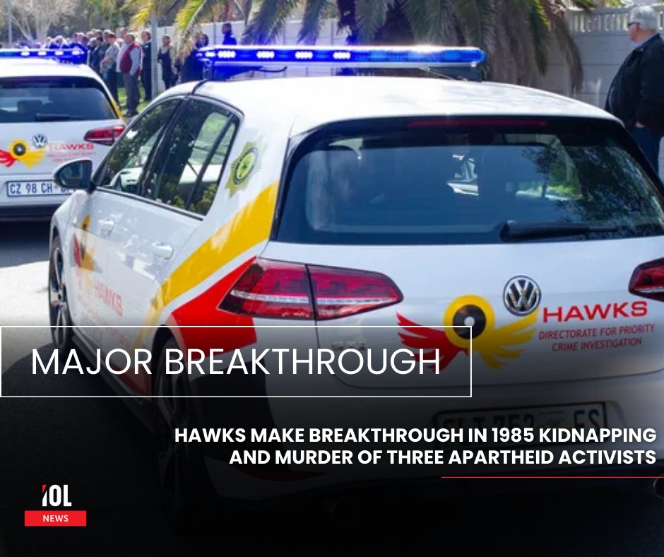 IOL's tweet image. The Hawks have announced a major breakthrough in a decades-old apartheid-era cold case, advancing the investigation into the kidnapping and murder of three PEBCO activists nearly 40 years after their disappearance.
#Hawks #ApartheidCrimes #ColdCaseBreakthrough #PEBCO