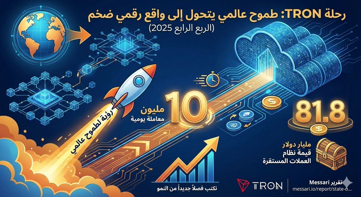 من رؤية لطموح عالمي، إلى واقع رقمي ضخم. 🌐 رحلة TRON تستمر في الربع الرابع 2025 بتحقيق أرقام فلكية: 10 مليون معاملة يومية ونظام بيئي للعملات المستقرة بقيمة 81.8 مليار دولار. القصة لم تنتهِ بعد، ونحن نكتب فصلاً جديداً من النمو.
اقرأ التفاصيل في تقرير Messari. 👇