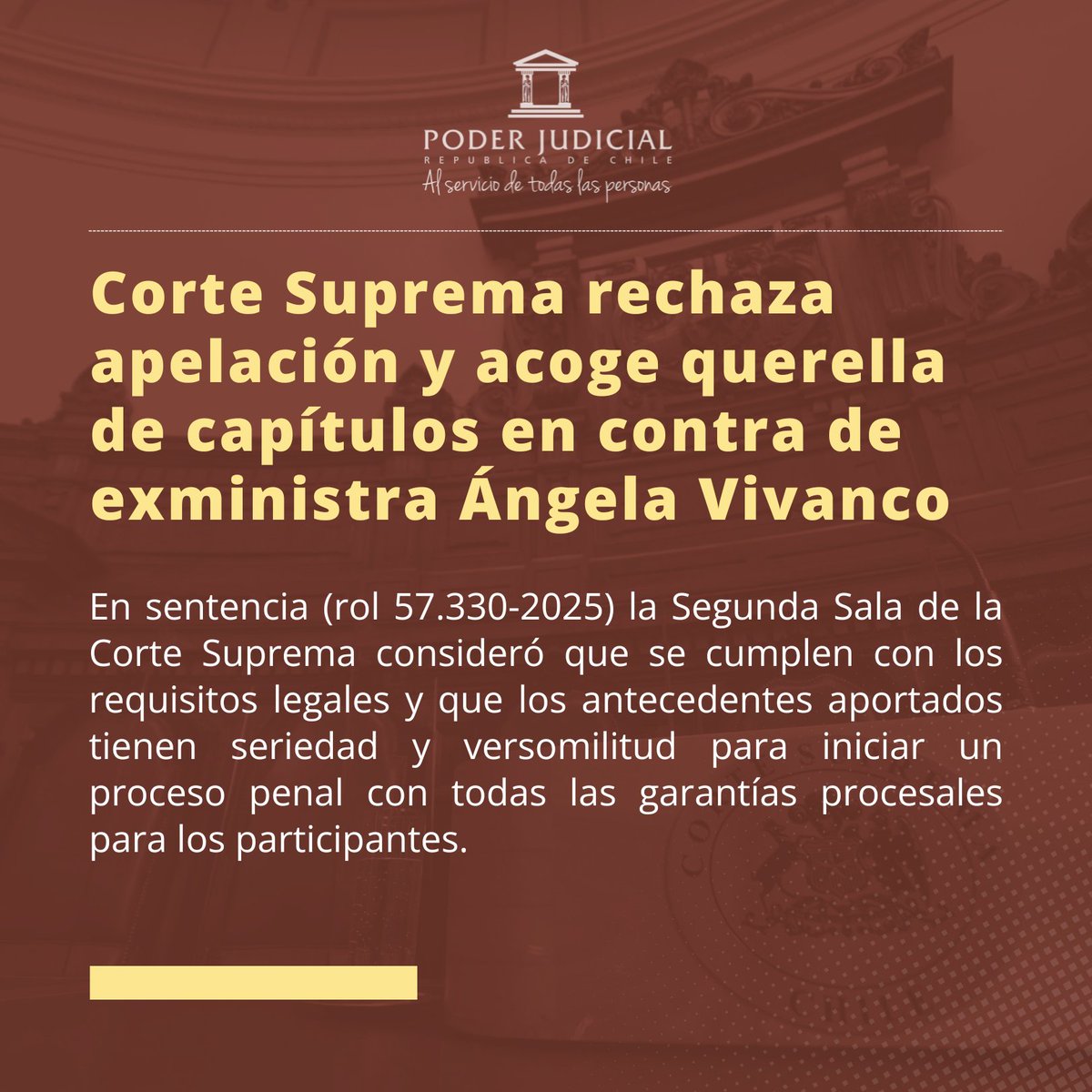 Corte Suprema rechaza apelación  y acoge querella de capítulos en contra de la exministra Vivanco pjud.cl/prensa-y-comun…