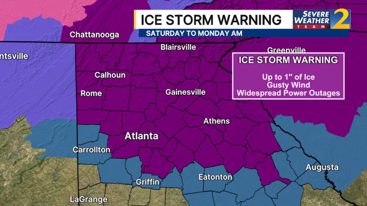 Update: The ice storm warning has now been expanded to include Atlanta. 

Ice could make travel dangerous, and power outages are possible. Please stay safe and be prepared.