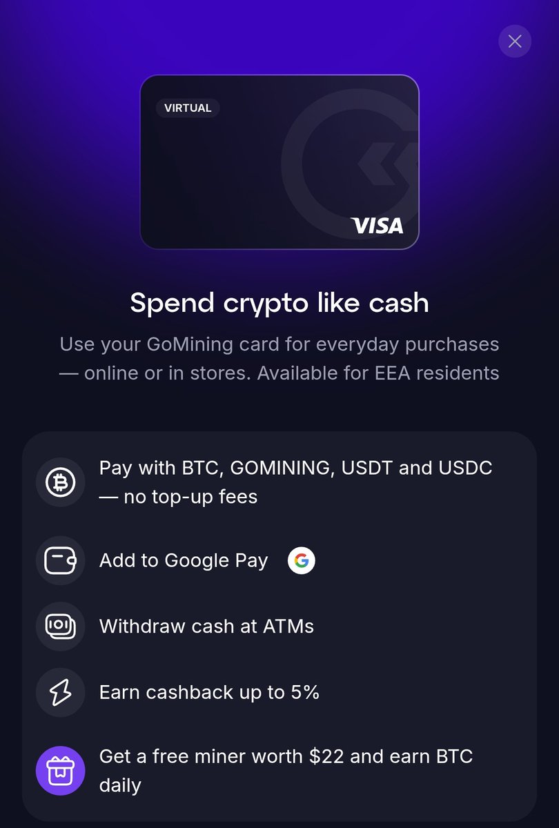 GoMining Card is Here! 💳 ​Spend your crypto as easily as cash! The new  GoMining Visa card is now available for EEA residents. ​Top-up for free  with BTC, USDT, and more. ​5%