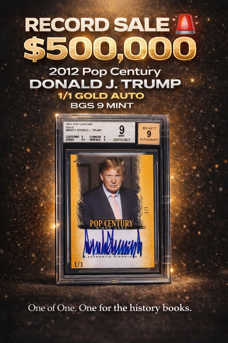 Leaf_Cards's tweet image. A new benchmark for non-sports cards.

This 2012 Pop Century Gold Donald J. Trump 1/1 Auto sold for $500,000 🤯