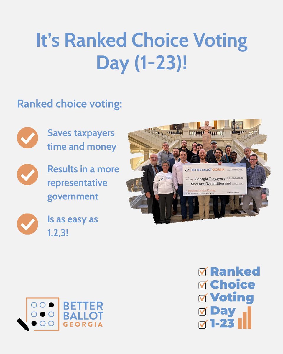 Happy #RCVDay!

#RankedChoiceVoting is as easy as 1,2,3! It also lets us pick majority winners without costly runoffs.

Join us in our work to make #RCV elections a reality for Georgia!

See how you can get involved here: betterballotgeorgia.org/join