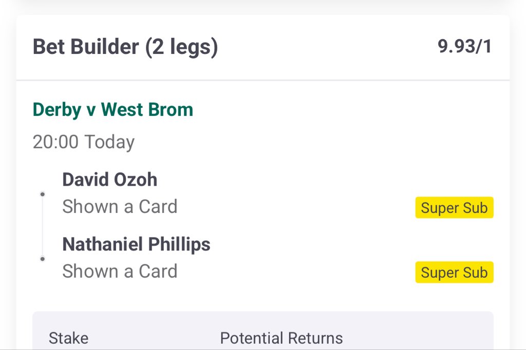 Yellowcardtips's tweet image. 🟨⚽ CHAMPIONSHIP TONIGHT ⚽🟨

Let’s try our luck in the Championship this evening 👀

Derby 🆚 West Brom

➡️ Card Single 4/1  🟨
➡️ Card Double 10/1 🟨🟨

#championship #efl
#derbycounty #westbrom
#cardbets #footballbets
#bettingtwitter #gamblingtwitter
#ukbetting #punters