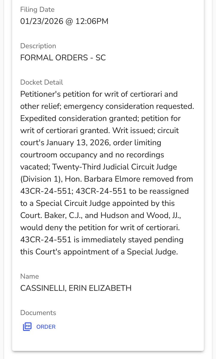 🚨HUGE #AaronSpencer update! Judge Elmore REMOVED - to be reassigned!! Order limiting seats vacated. Matter stayed until special judge appointed