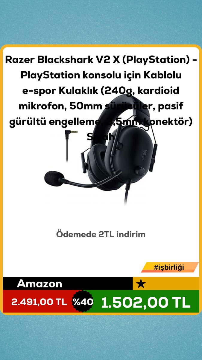 devindirim's tweet image. Razer Blackshark V2 X (PlayStation) - PlayStation konsolu için Kablolu e-spor Kulaklık (240g, kardioid mikrofon, 50mm sürücüler, pasif gürültü engelleme, 3,5mm konektör) Siyah

❌2.491,00 TL
✅1.502,00 TL

💲 % 40 indirim!
Ödemede 2TL indirim
🛍 amazon
↪ evekonomisi.net/git/18669?utm_……
