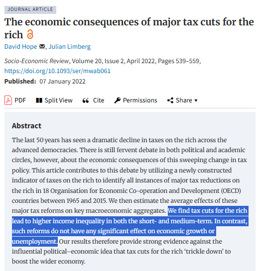 "Las reducciones de impuestos a los ricos conducen a una mayor desigualdad de ingresos tanto a corto como a mediano plazo. En cambio, estas reformas no tienen un efecto significativo sobre el crecimiento económico ni el desempleo" (Hope y Limberg, 2022)