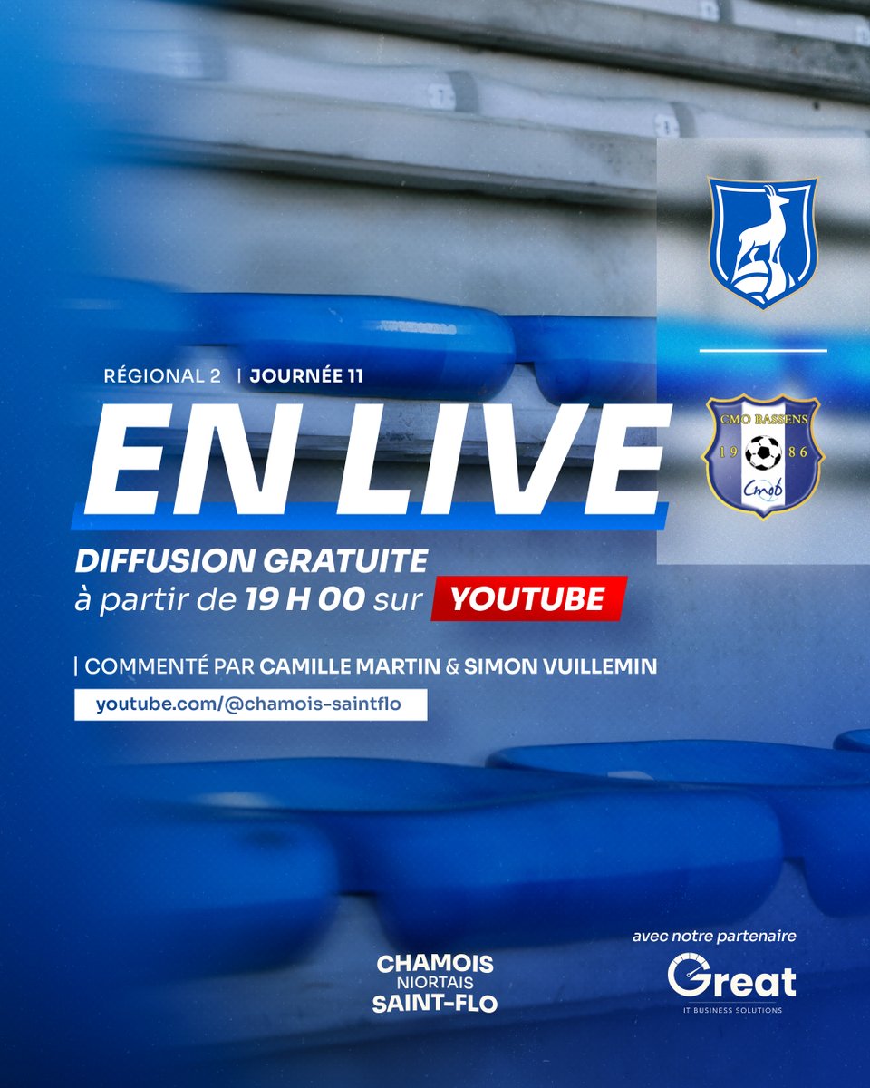 📺 Match en direct

CNSF 🆚 CMO Bassens sera à suivre en live vidéo sur YouTube et en live texte sur nos réseaux.

👉 youtube.com/@chamois-saint… 🚨

Mais si vous le pouvez, on vous attend à René Gaillard 💙⚽

🎥 Diffusion en partenariat avec Great, opérateur télécoms indépendant.