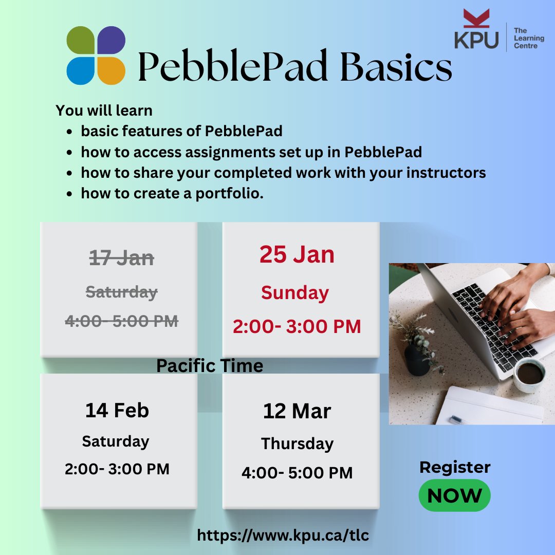 Learn the basic features of PebblePad, how to access assignments set up in PebblePad and how to share your completed work with your instructors. You will also learn how to create a portfolio.

Register now at:
kpu.ca/learningcentre…
