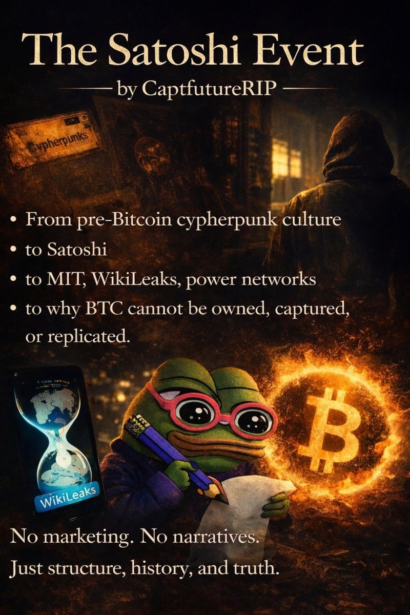 captfutureRIP's tweet image. GM 🐸 Writing a Bitcoin book beyond price, hype, and narratives — a potential standard reference:

'🕳️🐇 The Satoshi Event'

No charts.
No storytelling.
No conspiracies.

Just structure, history, power — and why Bitcoin cannot be owned, captured, or replicated.
... more to come