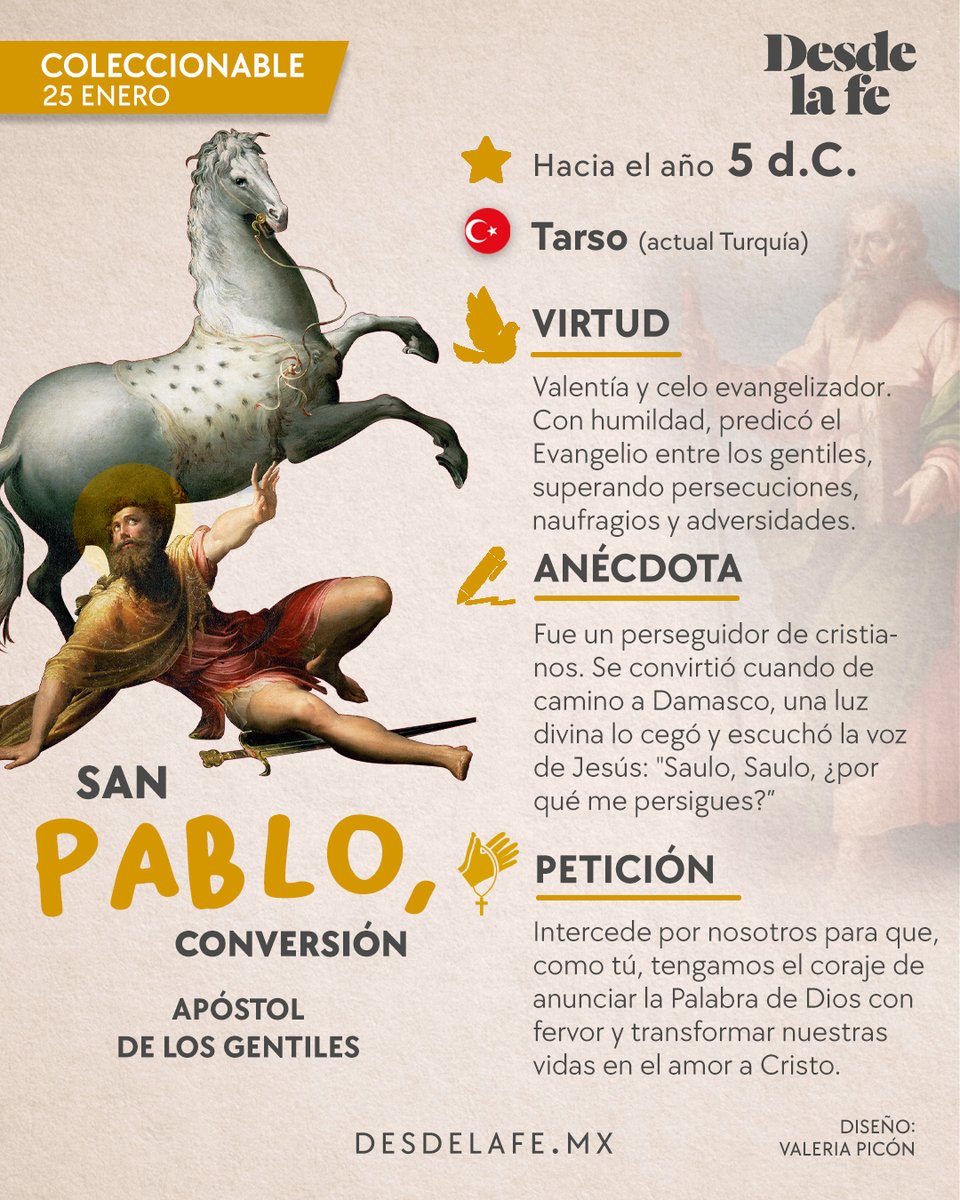 Dios lo tiró del caballo para llevarlo hacía Él y que anunciará el Evangelio con valentía y amor.
¡Hoy celebramos la conversión de San Pablo!😇
🔗desdelafe.mx/noticias/sabia…