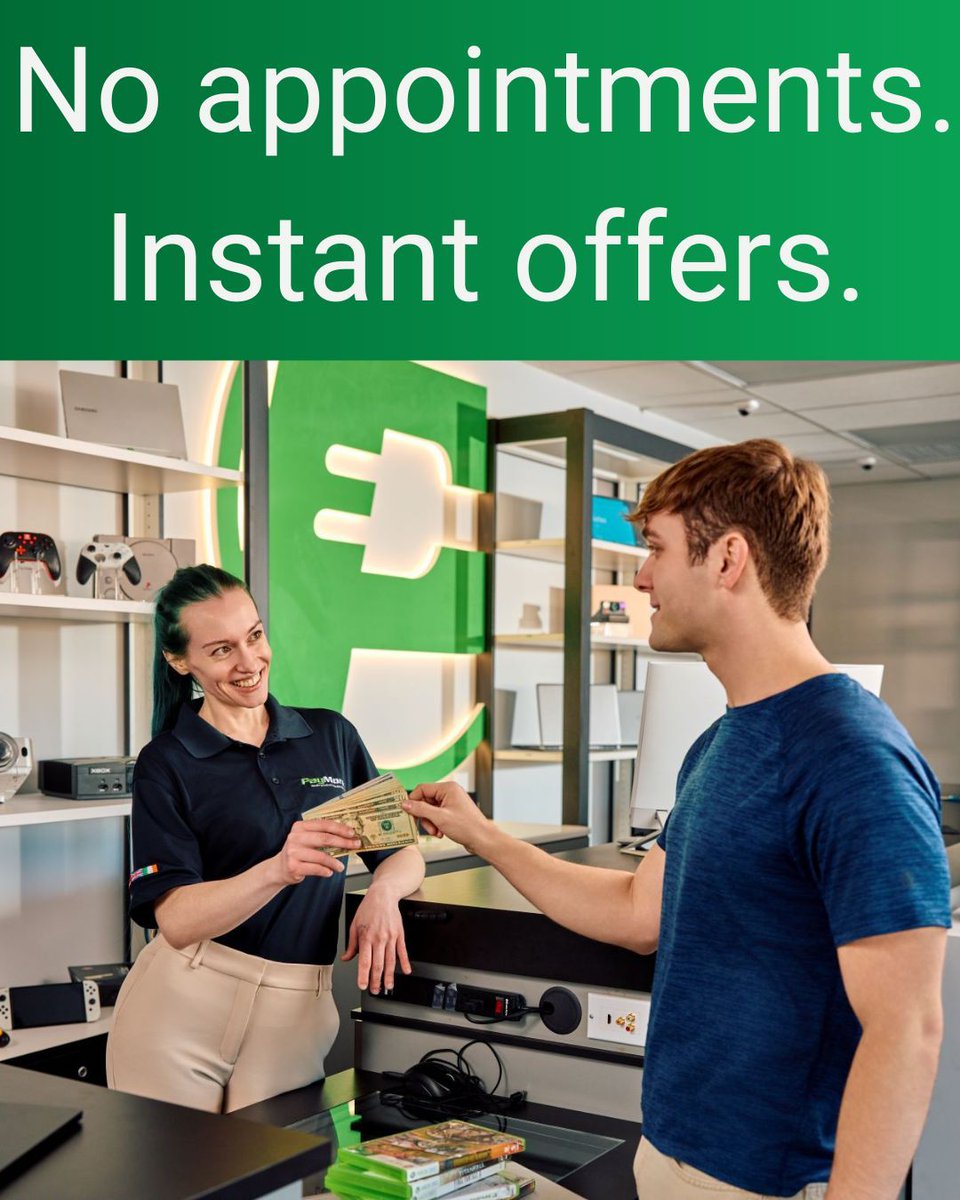 PAYMORESTORES's tweet image. No appointments. No waiting. Just instant cash for your electronics 💚
Walk in, get an offer, get paid. 💸 

#PayMore #InstantOffers #SellElectronics #GetPaidFast #NoAppointments #CashForElectronics #TechTradeIn #PayMoreStores