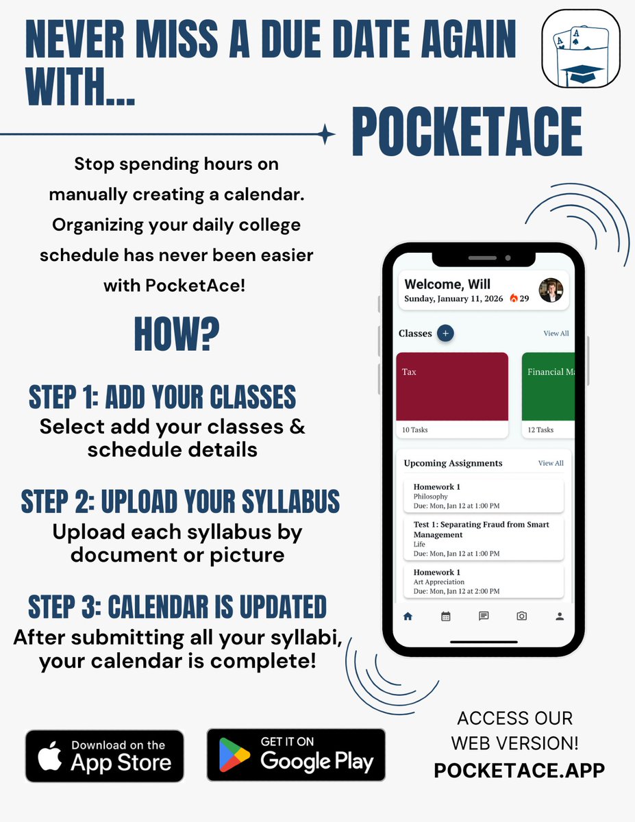 GC_CoB's tweet photo. One of our recently graduated CoBT students, Will Means, developed PocketAce, a productivity app that helps students stay on track. Using AI, the app recognizes the text and automatically creates calendar entries to keep you organized all semester long. 📅 
Download it today! https://t.co/s9JY2c2pTG