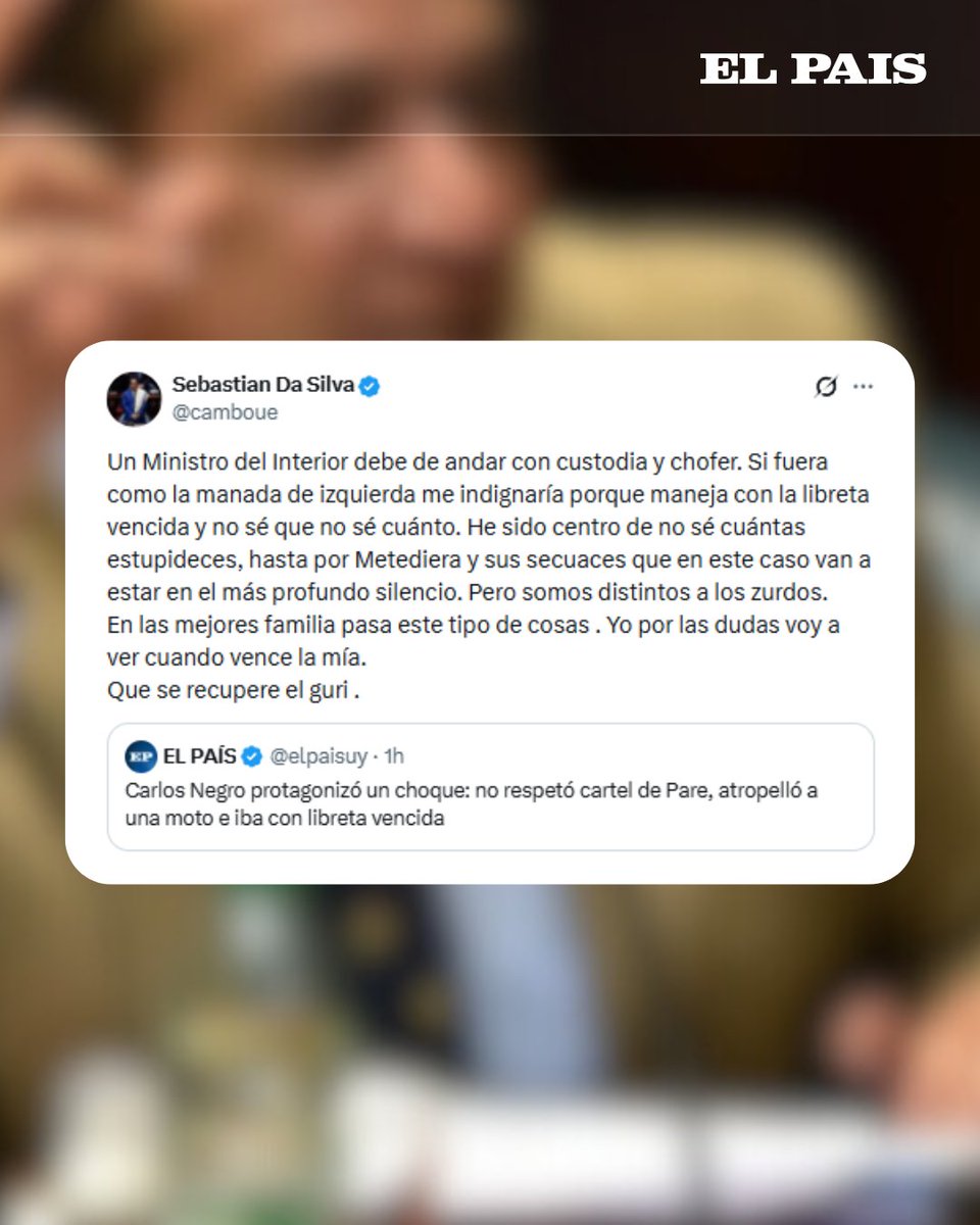 Desde el Partido Nacional y el Colorado calificaron como “inexcusable” la situación protagonizada por Carlos Negro. Señalaron que quien debe hacer cumplir la ley no puede incumplir normas de tránsito básicas elpais.uy/vks7zcrp
