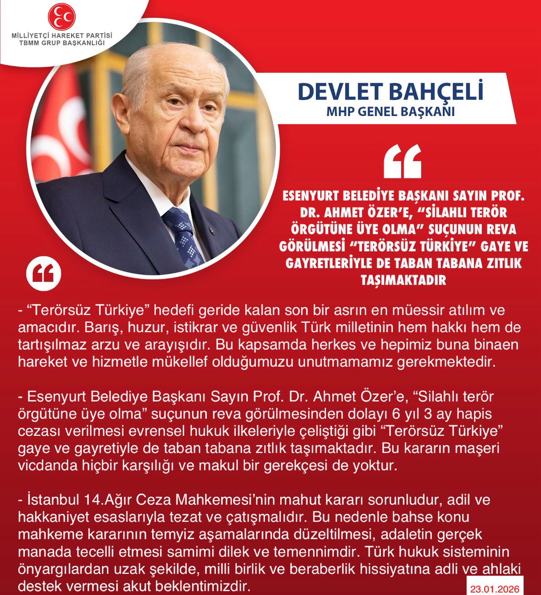 MhpTbmmGrubu's tweet photo. Genel Başkanımız Sayın Devlet BAHÇELİ @dbdevletbahceli: Esenyurt Belediye Başkanı Sayın Prof. Dr. Ahmet Özer’e, “Silahlı terör örgütüne üye olma” suçunun reva görülmesi “Terörsüz Türkiye” gaye ve gayretiyle de taban tabana zıtlık taşımaktadır https://t.co/RKuoqUsfeZ